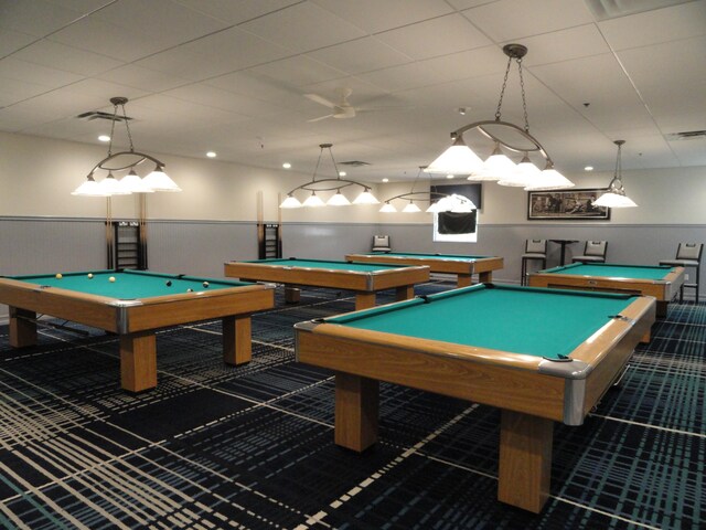 game room featuring dark colored carpet and pool table