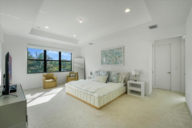 carpeted bedroom featuring a tray ceiling