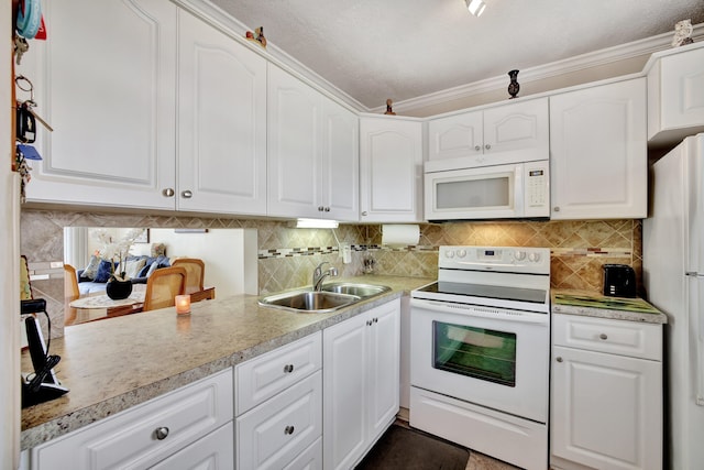 kitchen with a textured ceiling, sink, white cabinets, white appliances, and crown molding