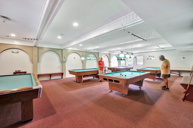 rec room with beam ceiling, pool table, and carpet