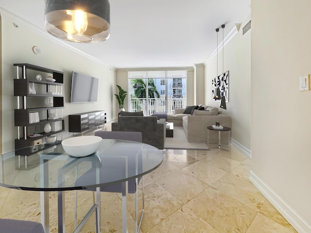 living room featuring crown molding and a wall of windows