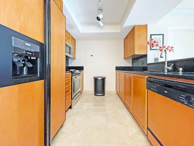 kitchen with stainless steel appliances, a raised ceiling, and sink