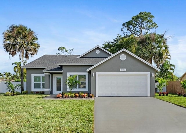 view of front of house with a front yard and a garage