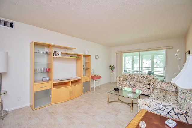 living room featuring a textured ceiling