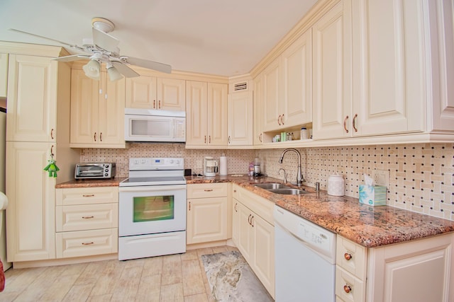 kitchen featuring ceiling fan, sink, tasteful backsplash, white appliances, and stone countertops