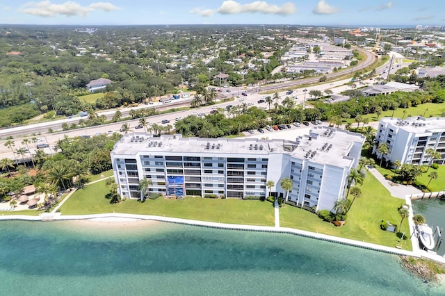 drone / aerial view with a water view