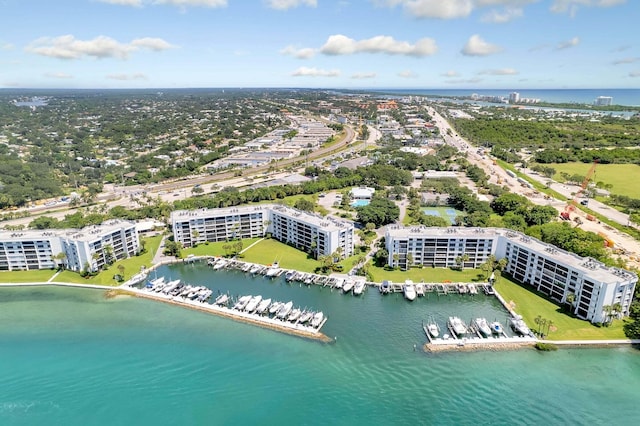 drone / aerial view featuring a water view