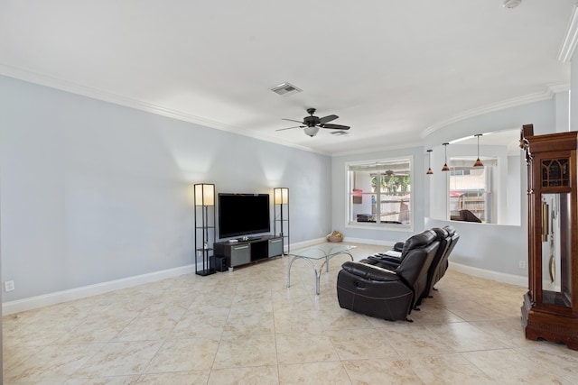 living room featuring ceiling fan, light tile patterned floors, and ornamental molding