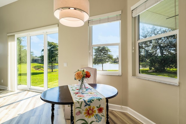 dining area with a water view and hardwood / wood-style flooring