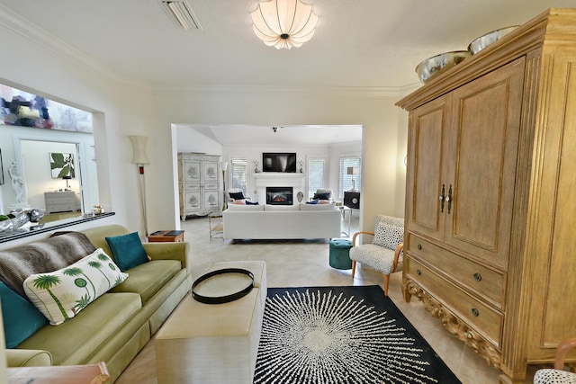 living room with crown molding