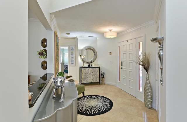 foyer entrance featuring ornamental molding and light tile patterned floors