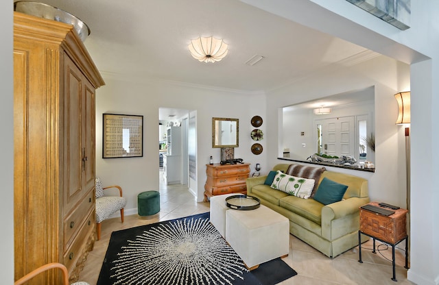 tiled living room with ornamental molding