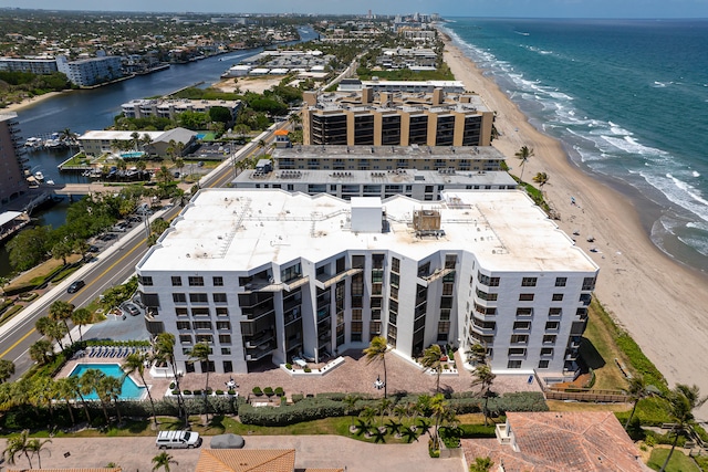 aerial view featuring a water view and a view of the beach