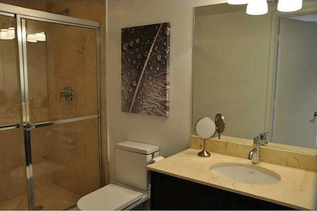 bathroom with vanity, toilet, and a shower with door