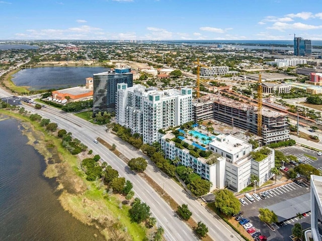 bird's eye view with a water view