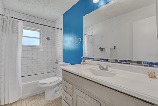 full bathroom with shower / bathtub combination with curtain, vanity, a textured ceiling, toilet, and tile patterned floors