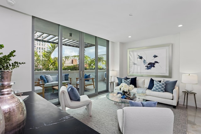 living room with floor to ceiling windows