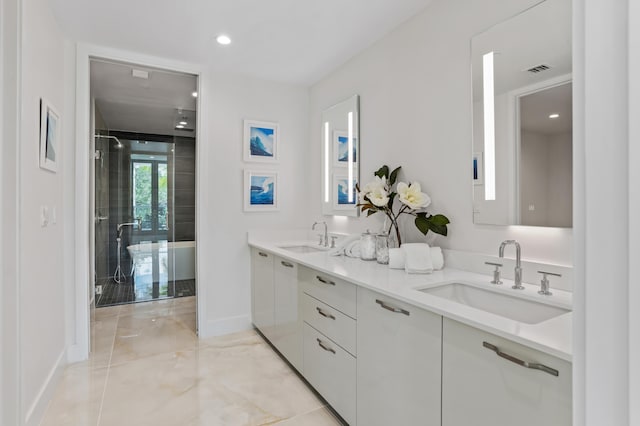 bathroom featuring walk in shower and vanity