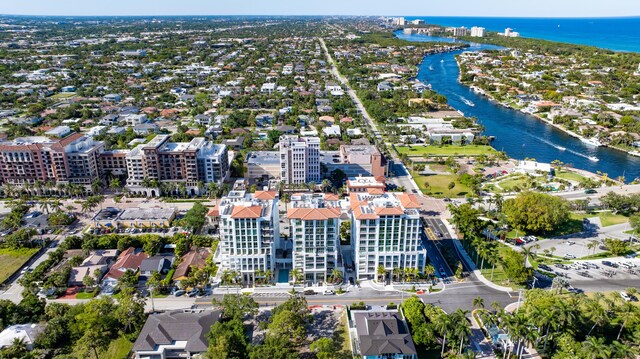 bird's eye view with a water view