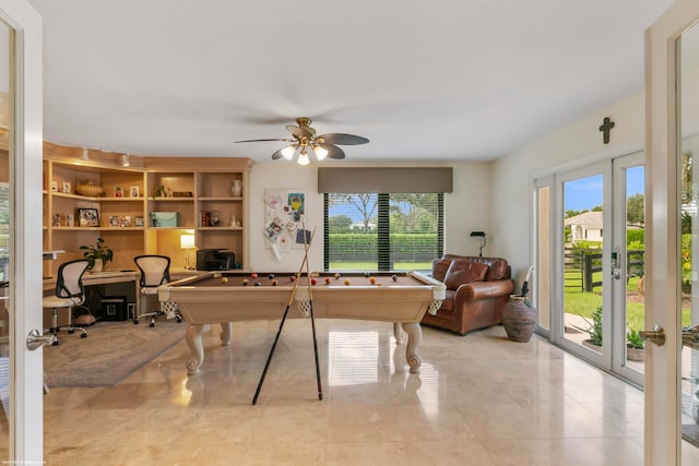 playroom featuring a wealth of natural light, pool table, ceiling fan, and french doors