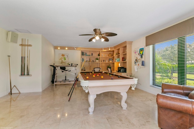 playroom featuring ceiling fan and billiards