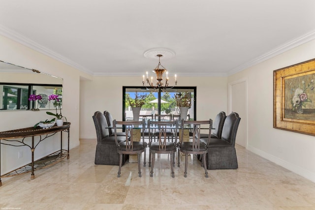 dining room with a notable chandelier and ornamental molding