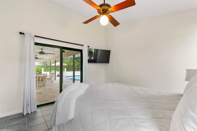 tiled bedroom featuring ceiling fan and access to outside