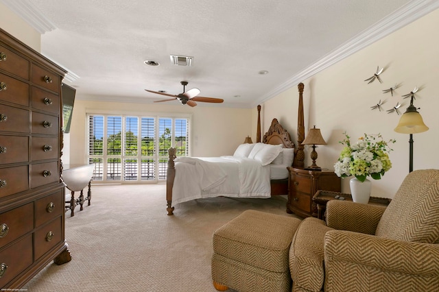 bedroom with ceiling fan, ornamental molding, light carpet, and access to exterior