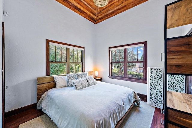 bedroom featuring multiple windows and dark hardwood / wood-style flooring