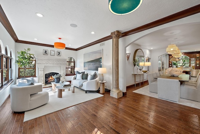 living room with dark wood-type flooring, crown molding, and a textured ceiling