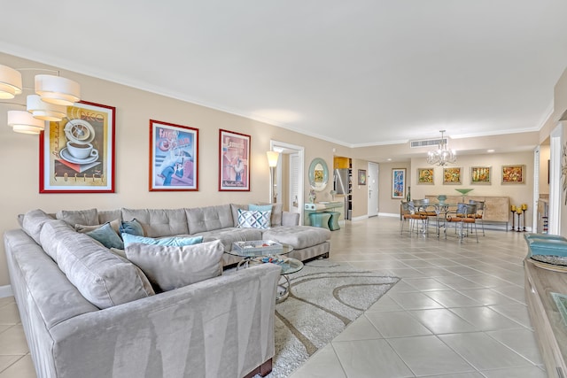 living room featuring a notable chandelier, light tile patterned floors, and crown molding