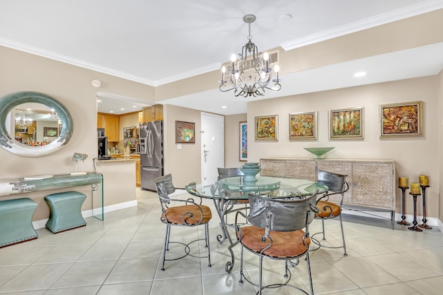 dining space with crown molding and light tile patterned floors