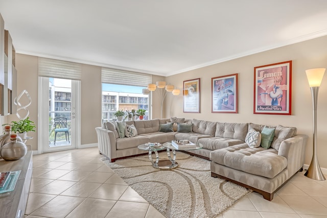 tiled living room featuring crown molding