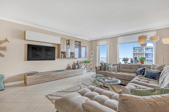 tiled living room with ornamental molding