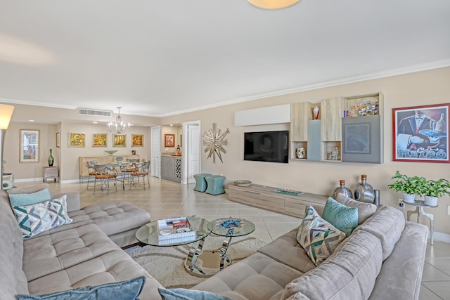 living room with crown molding, light tile patterned floors, and a notable chandelier