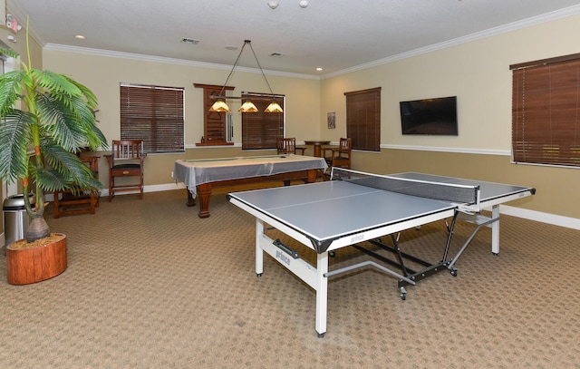 recreation room featuring ornamental molding, light colored carpet, and pool table