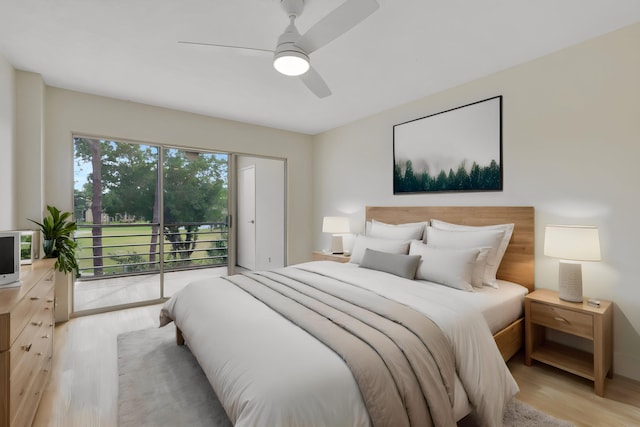 bedroom featuring access to outside, light hardwood / wood-style floors, and ceiling fan