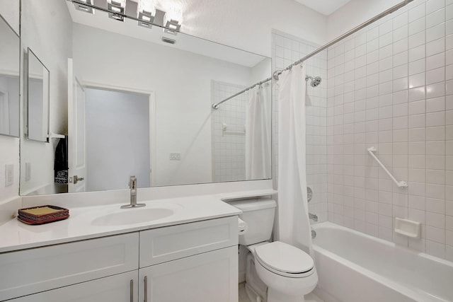 full bathroom featuring shower / bathtub combination with curtain, vanity, and toilet