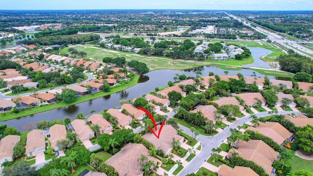 aerial view featuring a water view