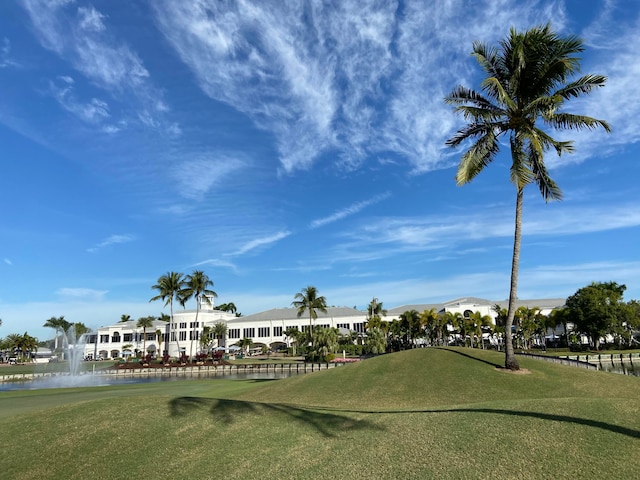 view of property's community featuring a lawn and a water view