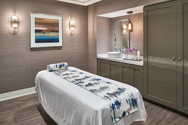 bedroom with sink and dark hardwood / wood-style flooring