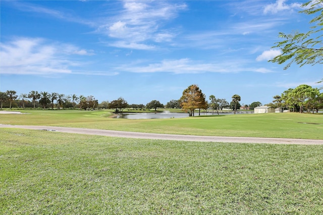 view of home's community with a yard and a water view