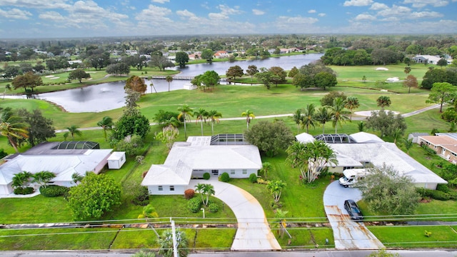 bird's eye view featuring a water view and golf course view