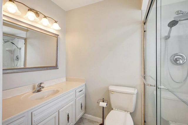 bathroom featuring tile patterned flooring, a shower stall, toilet, and vanity