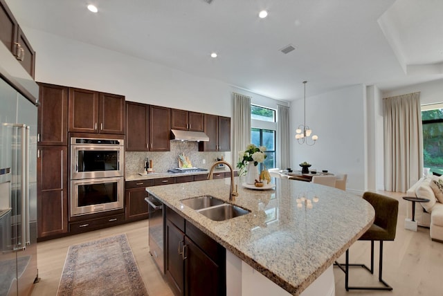 kitchen with a center island with sink, appliances with stainless steel finishes, sink, backsplash, and hanging light fixtures