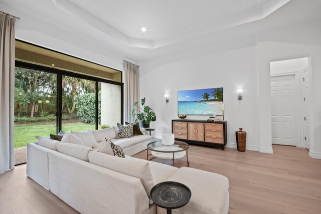 living room with light wood-type flooring and a tray ceiling