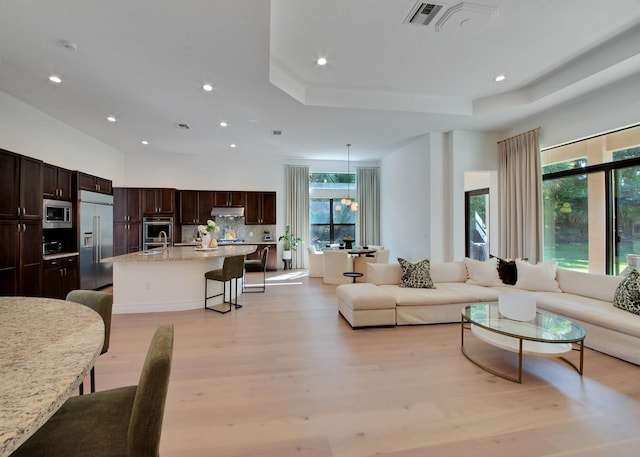 living room featuring light hardwood / wood-style floors and a tray ceiling