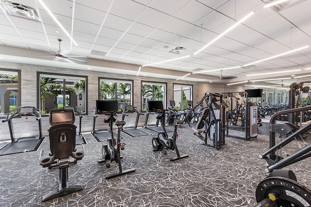 workout area with a paneled ceiling and ceiling fan