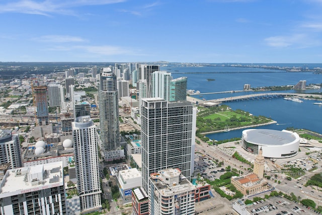 birds eye view of property featuring a water view