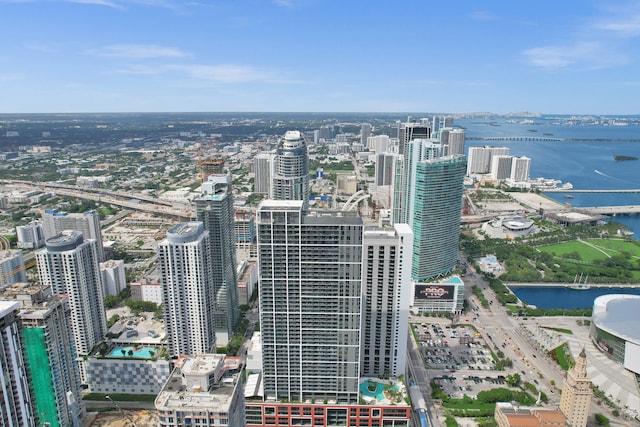 bird's eye view with a water view